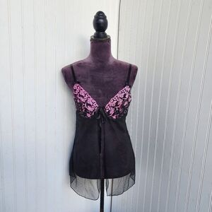 Elegant Moments Lingerie Sheer Nightie Floral Embroidered Mesh Soft Black Pink M